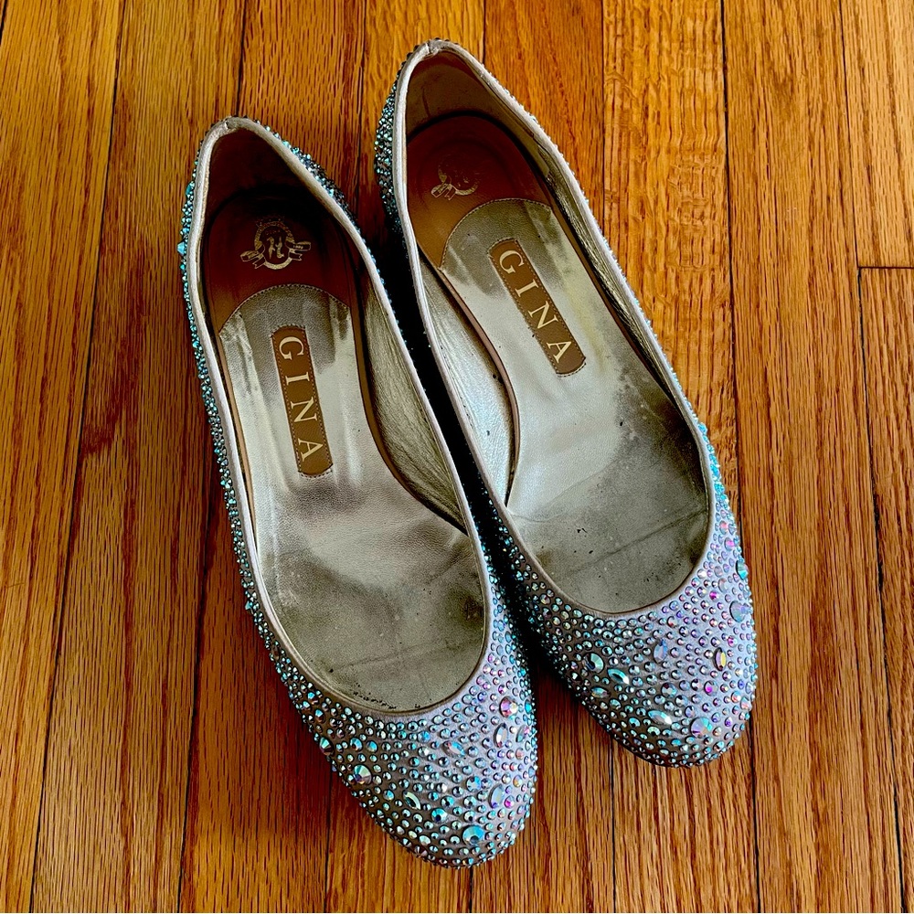 Crystal encrusted nude satin ballet flats by iconic British footwear brand GINA